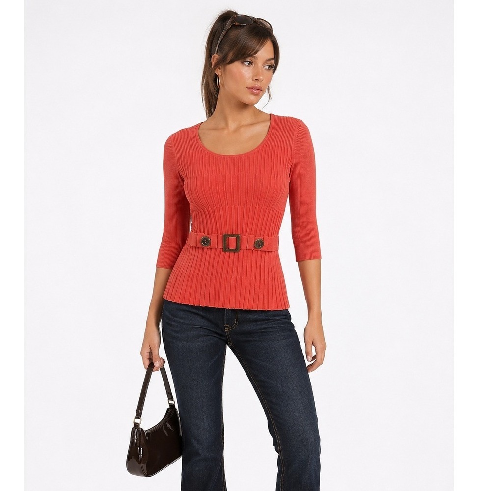Y2K Ribbed Knit Sweater Top XL Coral Buckle Waist 3/4 Sleeve Retro Mod Preppy